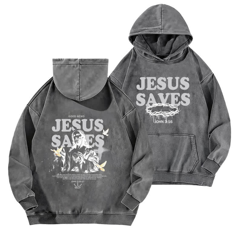 Christianartworkshop Jesus Saves John 3:16 Front And Back Washed Hoodie - Grey - 5XL - image 9