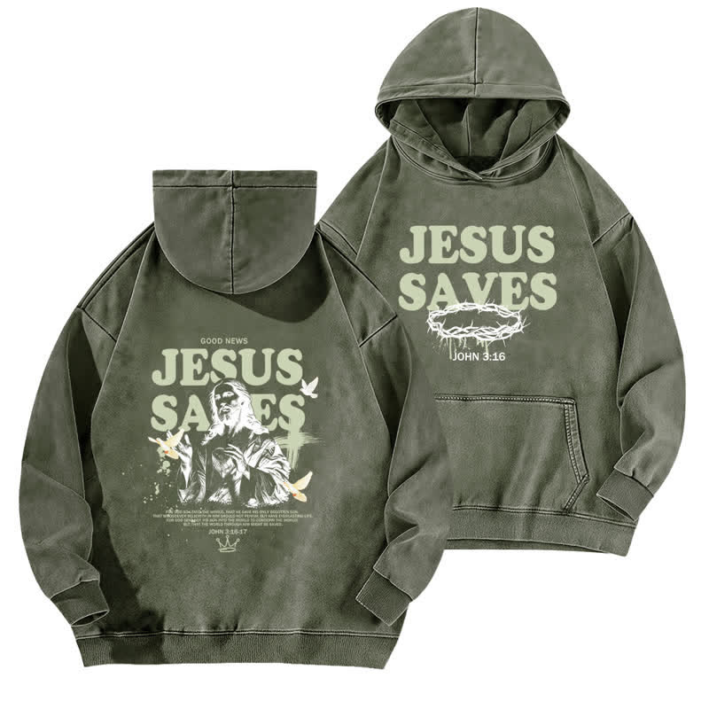 Christianartworkshop Jesus Saves John 3:16 Front And Back Washed Hoodie - Army Green - 5XL - image 3