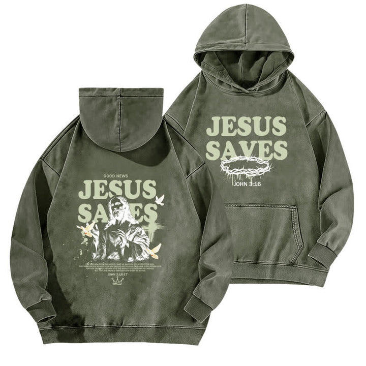 Christianartworkshop Jesus Saves John 3:16 Front And Back Washed Hoodie - Army Green - 5XL - image 3