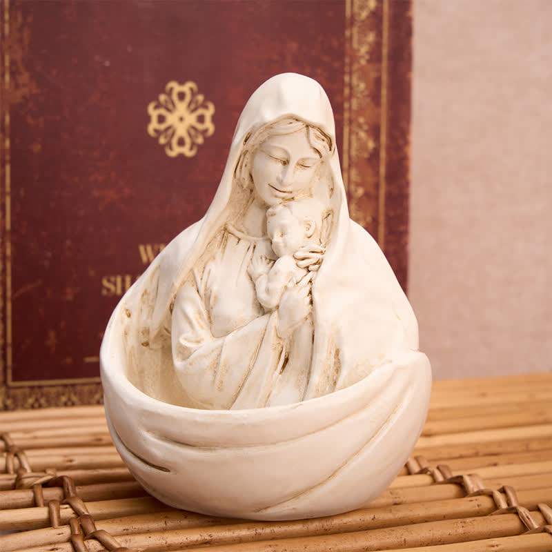 Christianartworkshop Hand-Carved Texture Our Lady Holding Child Holy Water Font - Our Lady - image 0