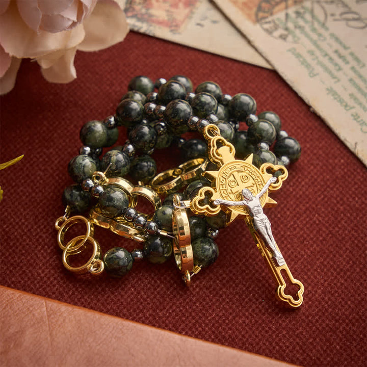 Christianartworkshop Forest Green Stone Bead Rosary with Sacred Double-Ring Links: Emblem of Marian Grace - image 5
