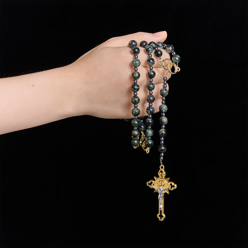 Christianartworkshop Forest Green Stone Bead Rosary with Sacred Double-Ring Links: Emblem of Marian Grace - image 1