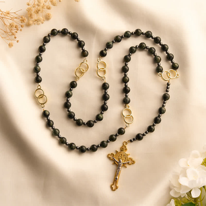 Christianartworkshop Forest Green Stone Bead Rosary with Sacred Double-Ring Links: Emblem of Marian Grace - Forest Green Stone Bead Rosary - image 0