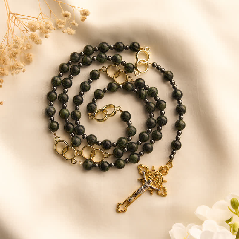 Christianartworkshop Forest Green Stone Bead Rosary with Sacred Double-Ring Links: Emblem of Marian Grace - image 3