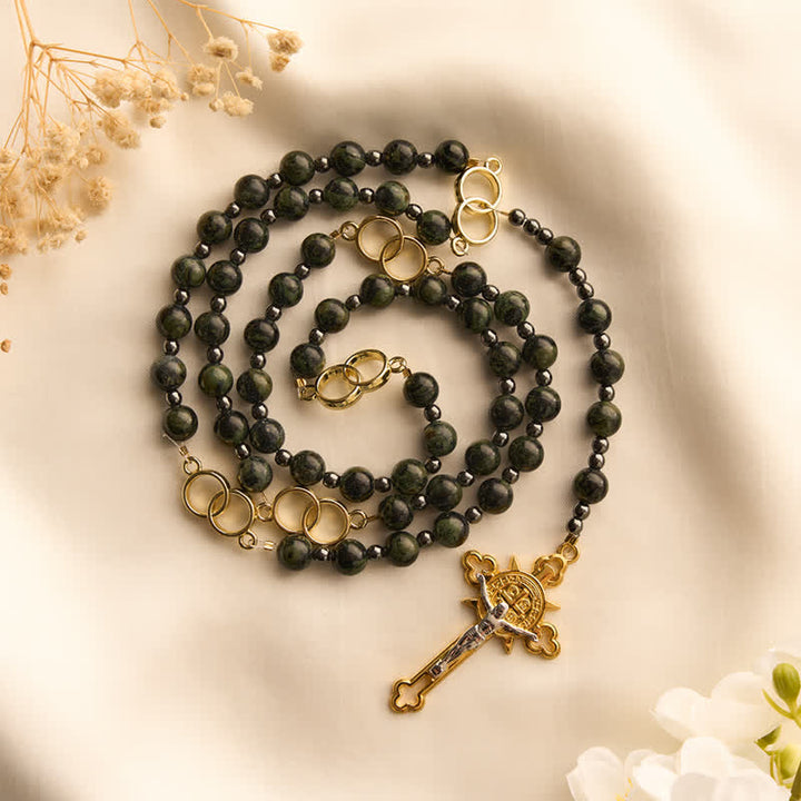 Christianartworkshop Forest Green Stone Bead Rosary with Sacred Double-Ring Links: Emblem of Marian Grace - image 3