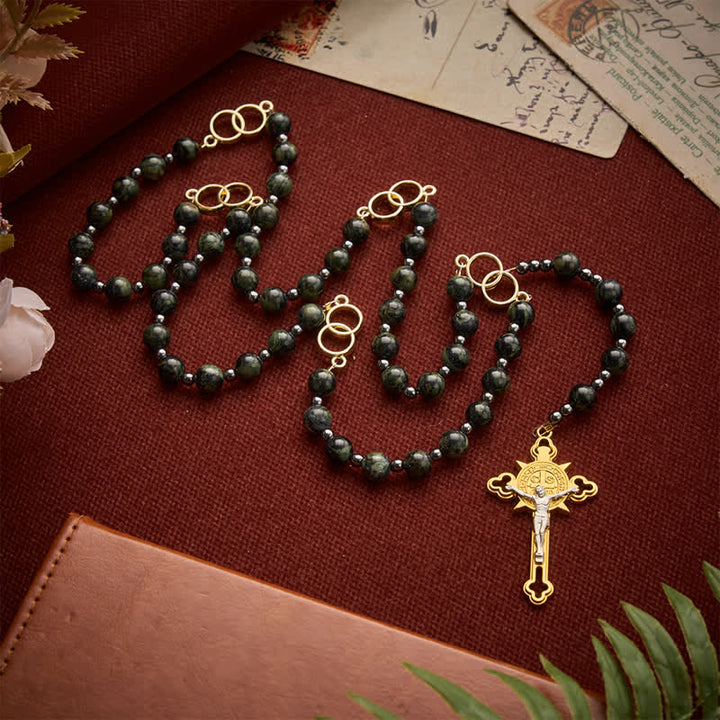 Christianartworkshop Forest Green Stone Bead Rosary with Sacred Double-Ring Links: Emblem of Marian Grace - image 2