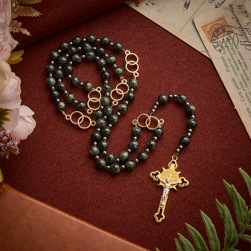 Christianartworkshop Forest Green Stone Bead Rosary with Sacred Double-Ring Links: Emblem of Marian Grace - image 4