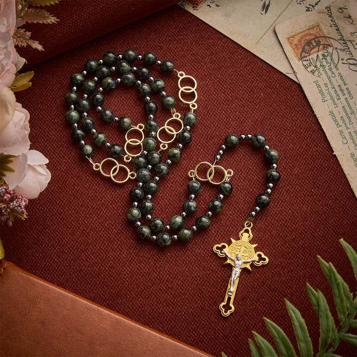 Christianartworkshop Forest Green Stone Bead Rosary with Sacred Double-Ring Links: Emblem of Marian Grace - image 4