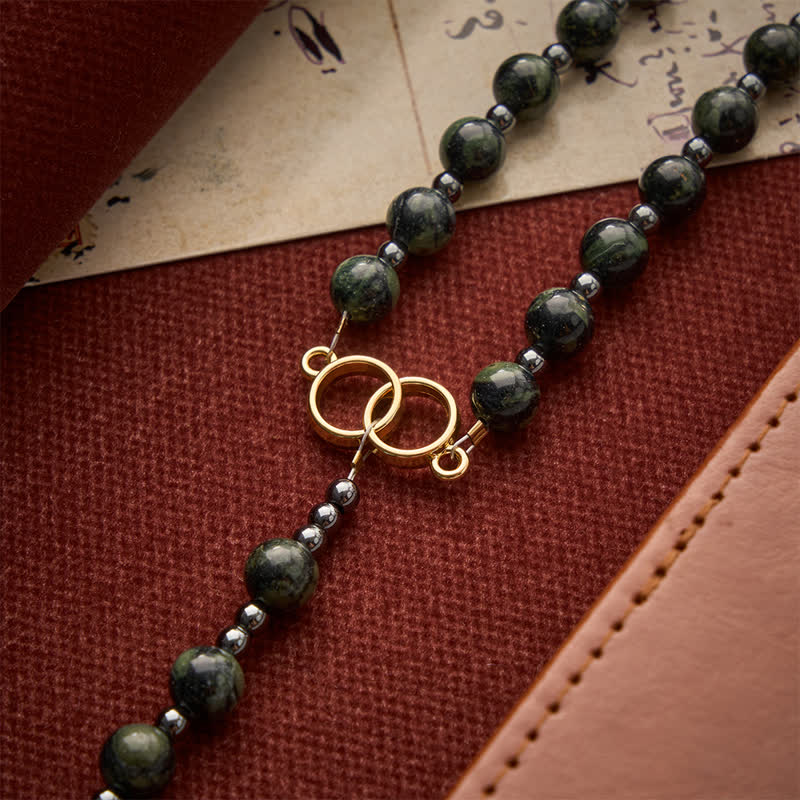 Christianartworkshop Forest Green Stone Bead Rosary with Sacred Double-Ring Links: Emblem of Marian Grace - image 7