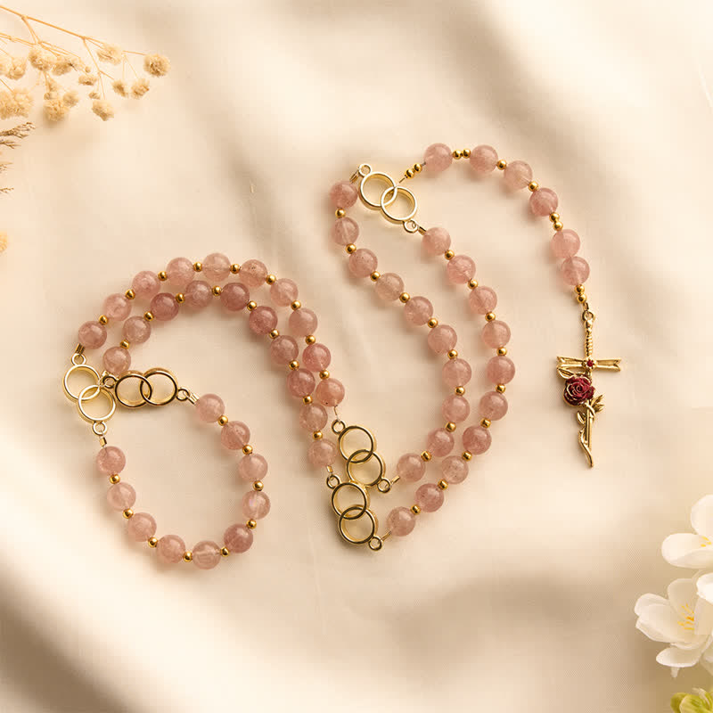 Christianartworkshop Natural Strawberry Quartz Rosary With Double Loop Links & Rose Crucifix - image 4