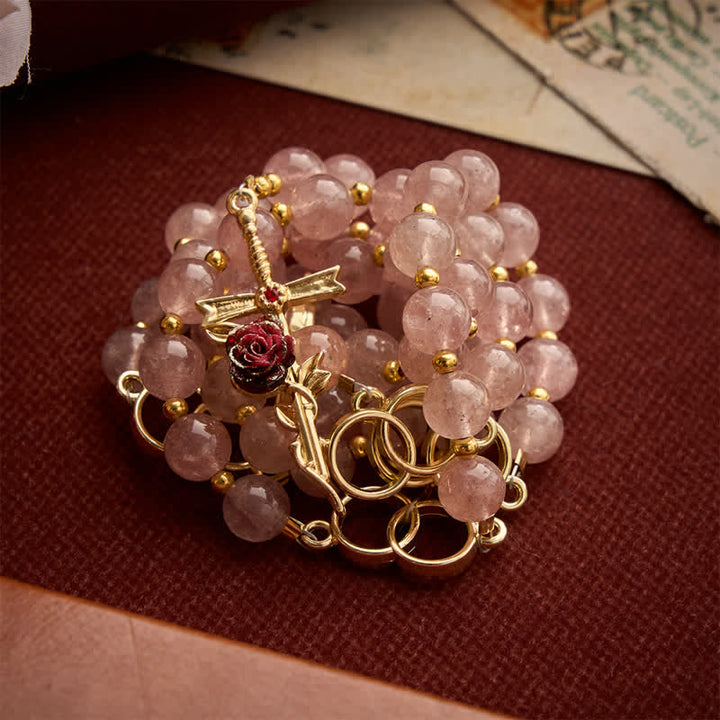 Christianartworkshop Natural Strawberry Quartz Rosary With Double Loop Links & Rose Crucifix - image 6