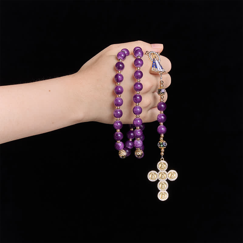 Christianartworkshop Rich Violet Glass Prayer Rosary with Floral Accent Beads & Our Lady of Aparecida Charm - image 1