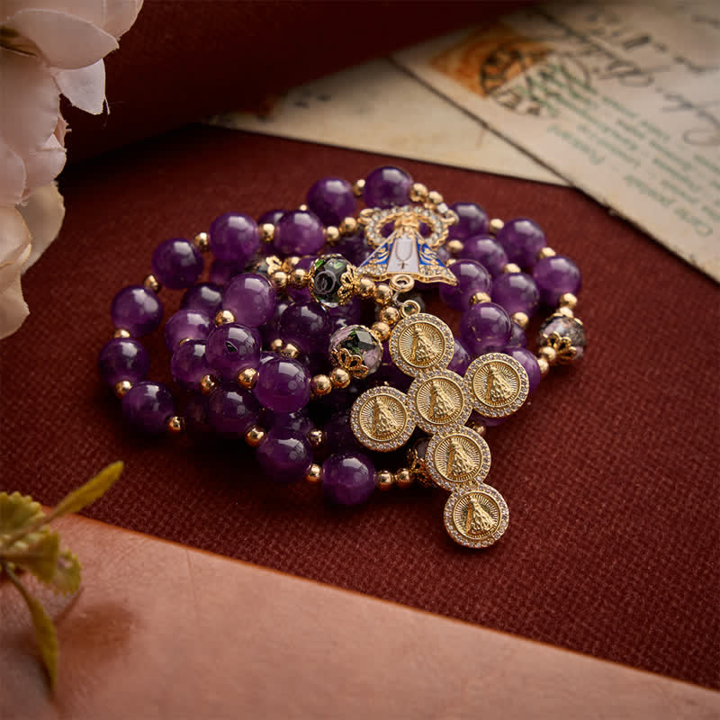 Christianartworkshop Rich Violet Glass Prayer Rosary with Floral Accent Beads & Our Lady of Aparecida Charm - image 6