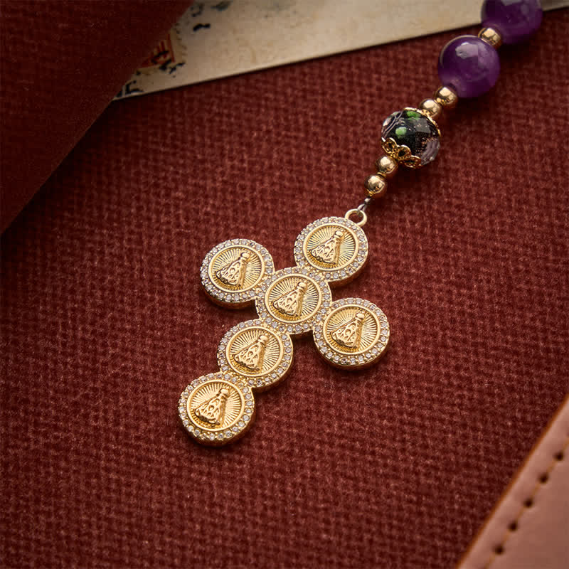 Christianartworkshop Rich Violet Glass Prayer Rosary with Floral Accent Beads & Our Lady of Aparecida Charm - image 9