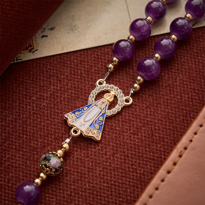 Christianartworkshop Rich Violet Glass Prayer Rosary with Floral Accent Beads & Our Lady of Aparecida Charm - image 7