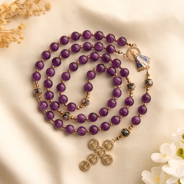 Christianartworkshop Rich Violet Glass Prayer Rosary with Floral Accent Beads & Our Lady of Aparecida Charm - image 5