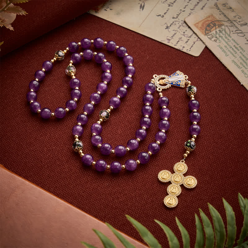 Christianartworkshop Rich Violet Glass Prayer Rosary with Floral Accent Beads & Our Lady of Aparecida Charm - image 3