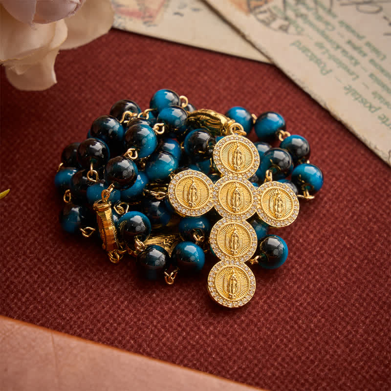 Christianartworkshop Deep Blue Tiger Eye Prayer Rosary with Our Lady of Guadalupe Medallions - image 3