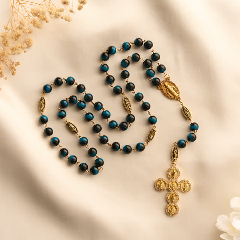 Christianartworkshop Deep Blue Tiger Eye Prayer Rosary with Our Lady of Guadalupe Medallions - image 5