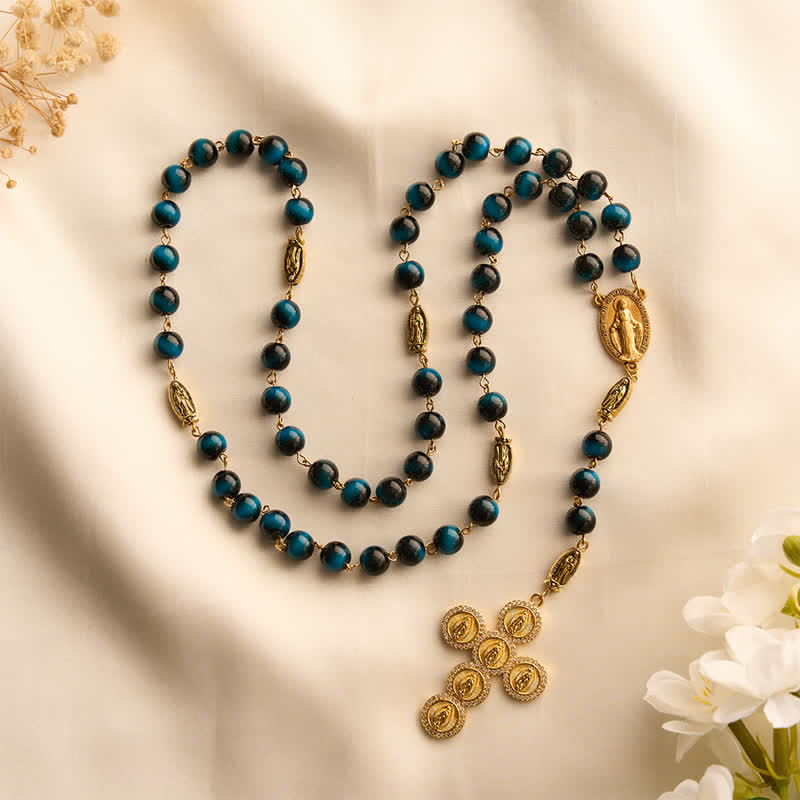Christianartworkshop Deep Blue Tiger Eye Prayer Rosary with Our Lady of Guadalupe Medallions - image 4