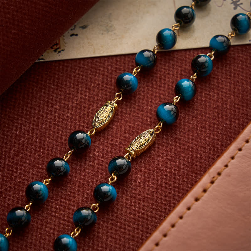 Christianartworkshop Deep Blue Tiger Eye Prayer Rosary with Our Lady of Guadalupe Medallions - image 6