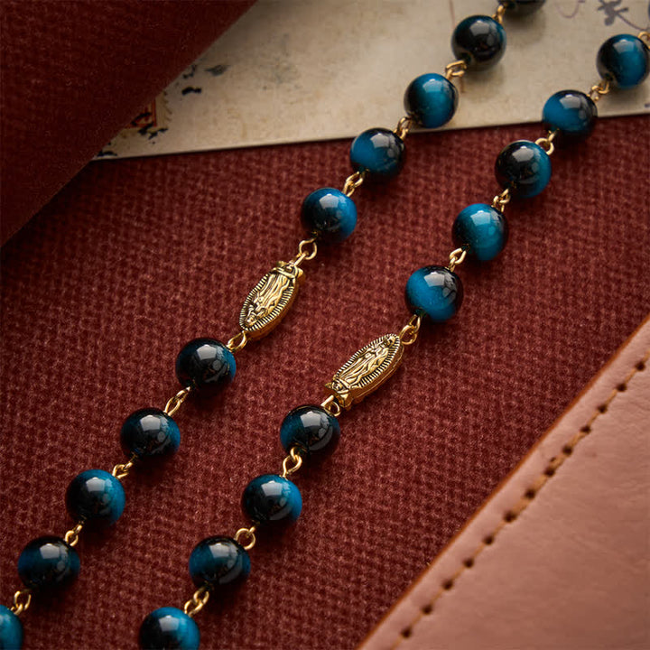 Christianartworkshop Deep Blue Tiger Eye Prayer Rosary with Our Lady of Guadalupe Medallions - image 6