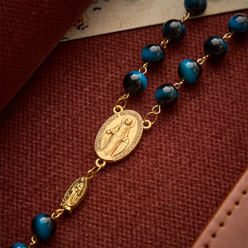 Christianartworkshop Deep Blue Tiger Eye Prayer Rosary with Our Lady of Guadalupe Medallions - image 7