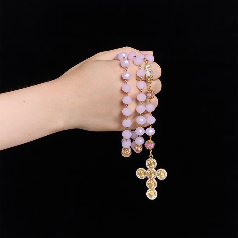 Christianartworkshop Pale Pink Faceted Jade Glass Rosary With Personalized Letter Beads & Floral Accents - image 1
