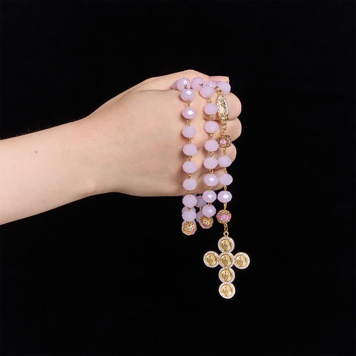Christianartworkshop Pale Pink Faceted Jade Glass Rosary With Personalized Letter Beads & Floral Accents - image 1