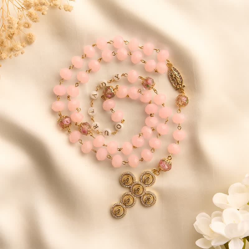 Christianartworkshop Pale Pink Faceted Jade Glass Rosary With Personalized Letter Beads & Floral Accents - image 5