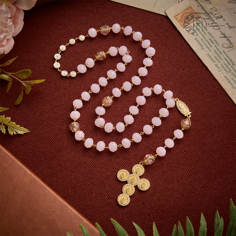 Christianartworkshop Pale Pink Faceted Jade Glass Rosary With Personalized Letter Beads & Floral Accents - Our Lady - image 2