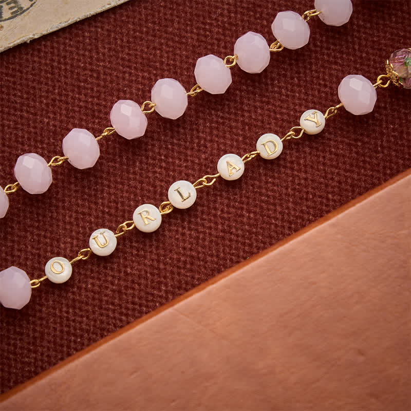 Christianartworkshop Pale Pink Faceted Jade Glass Rosary With Personalized Letter Beads & Floral Accents - image 7