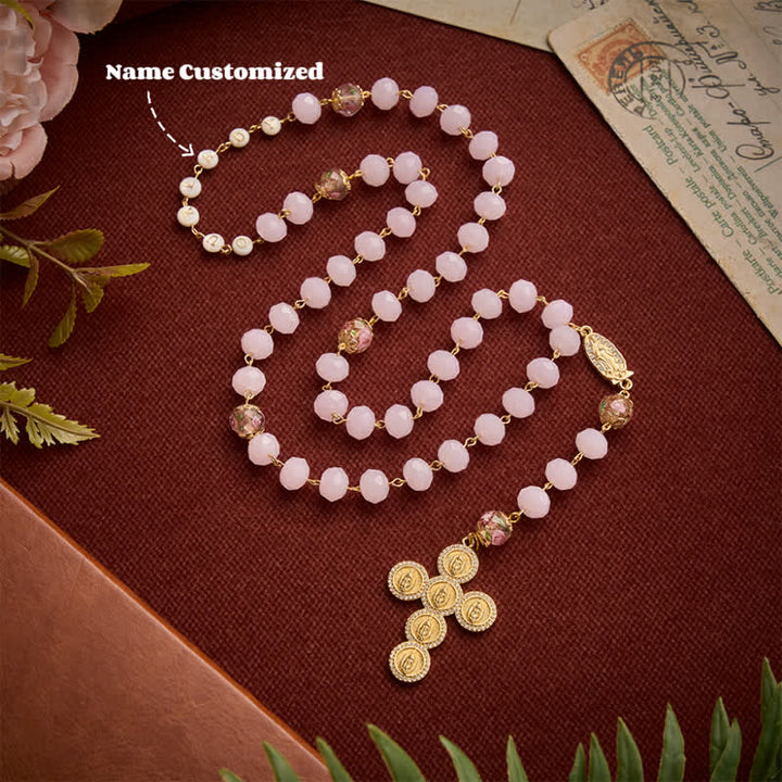 Christianartworkshop Pale Pink Faceted Jade Glass Rosary With Personalized Letter Beads & Floral Accents - Name Customized(All in capitals) - image 0
