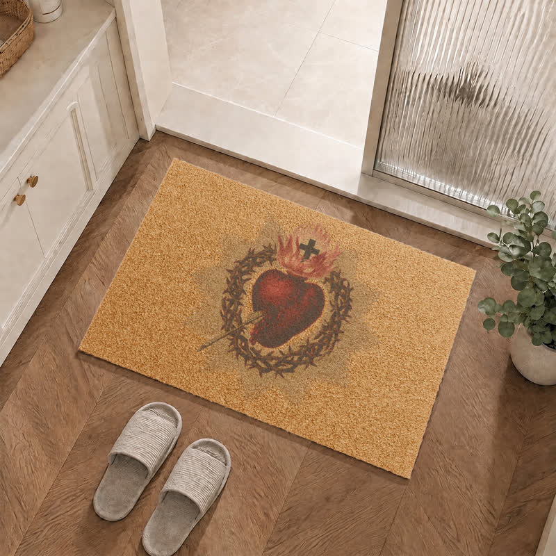 Christianartworkshop Antique Watercolor Sacred Heart Front Door Doormat - image 0