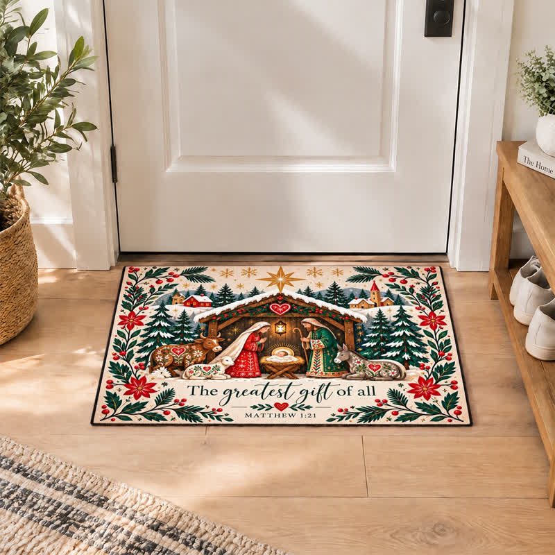 Christianartworkshop Vintage Floral Nativity Matthew Verse Front Door Doormat - image 1