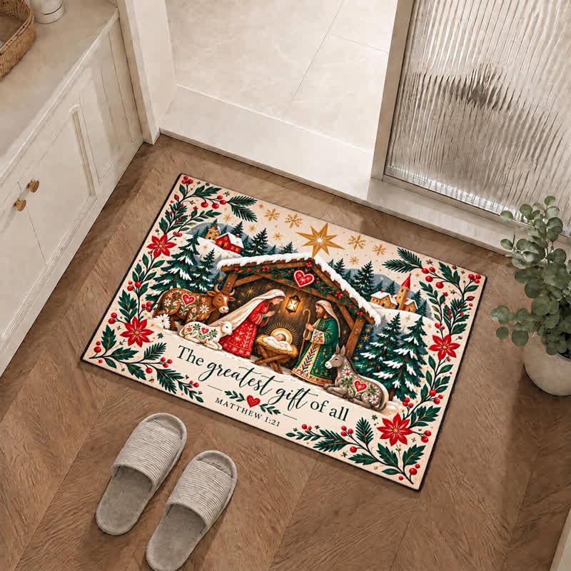 Christianartworkshop Vintage Floral Nativity Matthew Verse Front Door Doormat - image 0