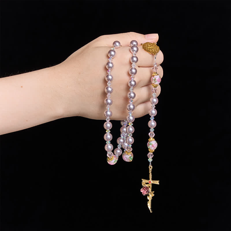 Christianartworkshop Pale Lavender Pearl Rosary With Floral Glass Beads & Rose Cross: Emblem of Gentle Marian Grace - image 1