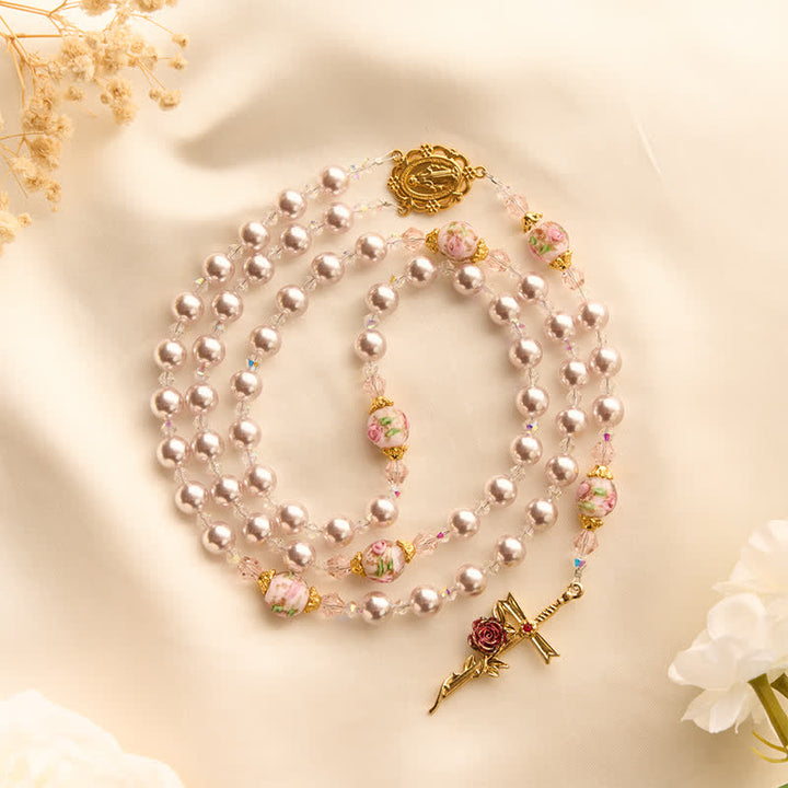 Christianartworkshop Pale Lavender Pearl Rosary With Floral Glass Beads & Rose Cross: Emblem of Gentle Marian Grace - image 3