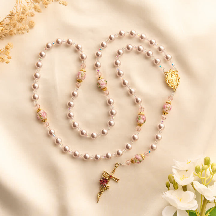 Christianartworkshop Pale Lavender Pearl Rosary With Floral Glass Beads & Rose Cross: Emblem of Gentle Marian Grace - image 4