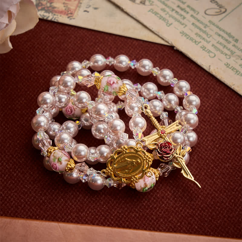 Christianartworkshop Pale Lavender Pearl Rosary With Floral Glass Beads & Rose Cross: Emblem of Gentle Marian Grace - image 5