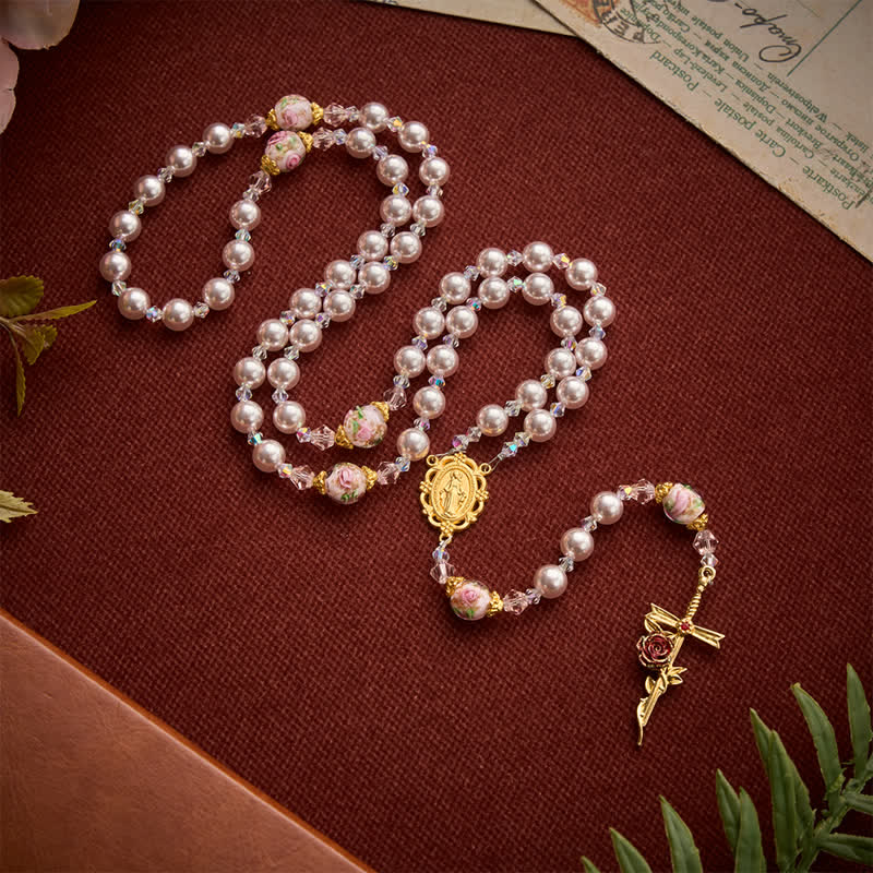 Christianartworkshop Pale Lavender Pearl Rosary With Floral Glass Beads & Rose Cross: Emblem of Gentle Marian Grace - image 2