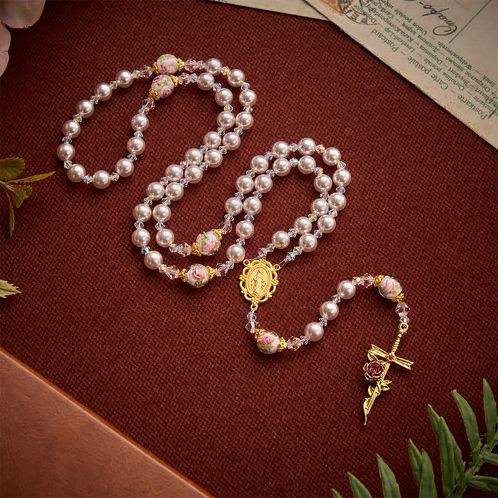 Christianartworkshop Pale Lavender Pearl Rosary With Floral Glass Beads & Rose Cross: Emblem of Gentle Marian Grace - image 2