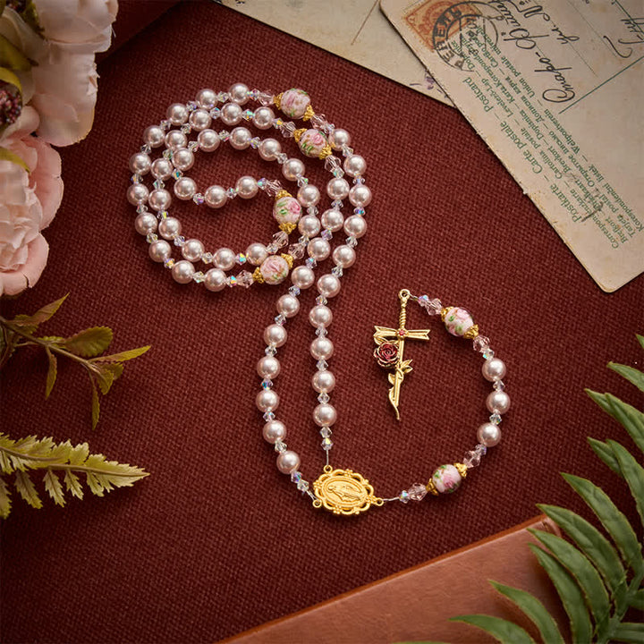 Christianartworkshop Pale Lavender Pearl Rosary With Floral Glass Beads & Rose Cross: Emblem of Gentle Marian Grace - Pale Lavender Pearl Rosary - image 0