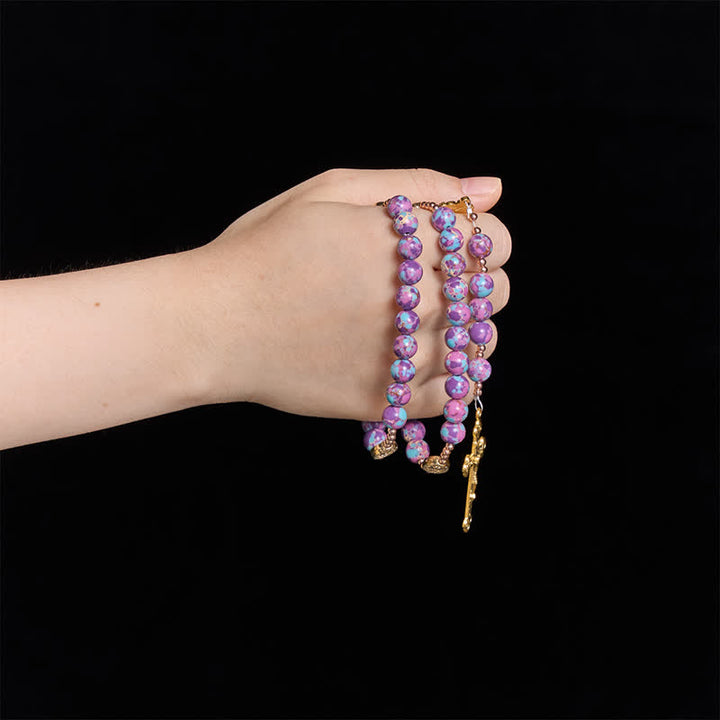 Christianartworkshop Purple Turquoise Mosaic Bead Rosary With Enamel Marian Medal: Emblem of Timeless Heavenly Mercy - image 1