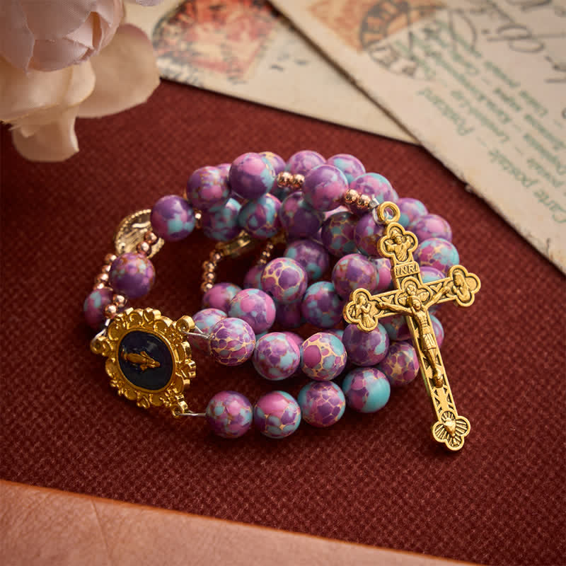Christianartworkshop Purple Turquoise Mosaic Bead Rosary With Enamel Marian Medal: Emblem of Timeless Heavenly Mercy - image 5