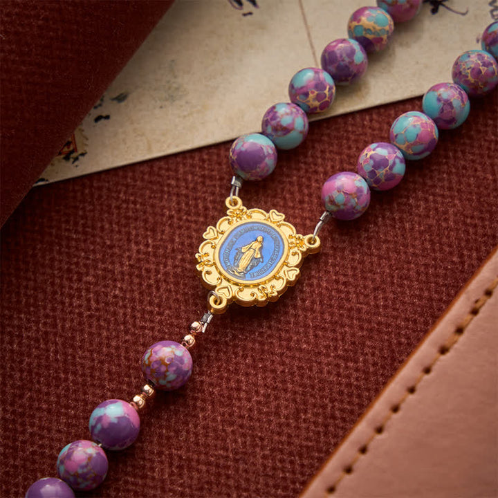 Christianartworkshop Purple Turquoise Mosaic Bead Rosary With Enamel Marian Medal: Emblem of Timeless Heavenly Mercy - image 7