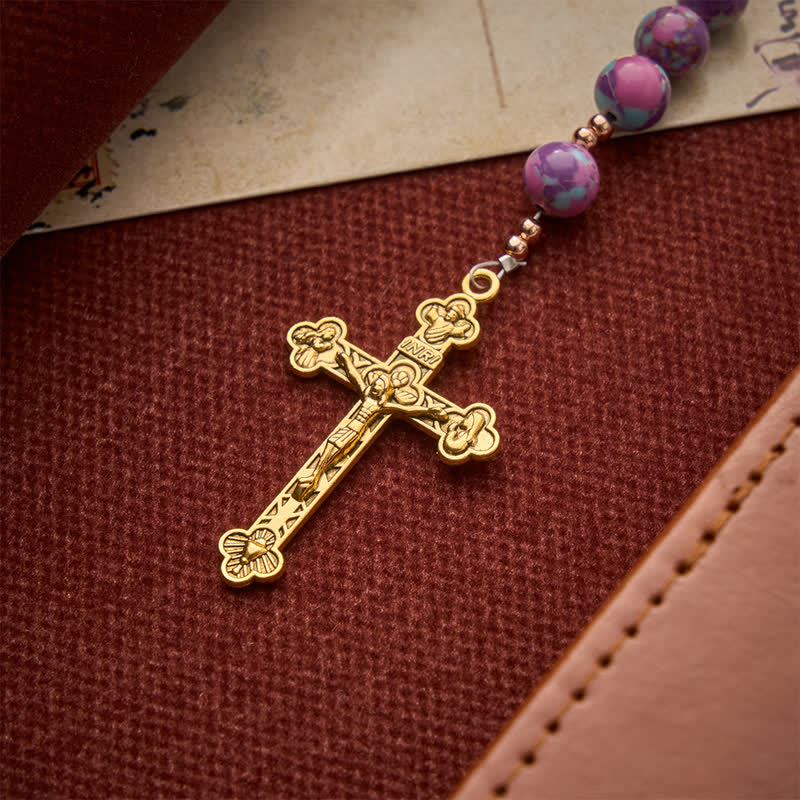 Christianartworkshop Purple Turquoise Mosaic Bead Rosary With Enamel Marian Medal: Emblem of Timeless Heavenly Mercy - image 8