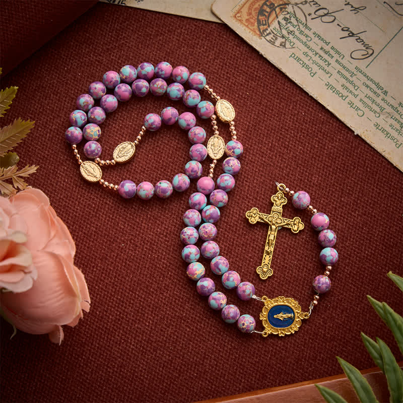 Christianartworkshop Purple Turquoise Mosaic Bead Rosary With Enamel Marian Medal: Emblem of Timeless Heavenly Mercy - Purple Turquoise Mosaic Bead Rosary - image 0