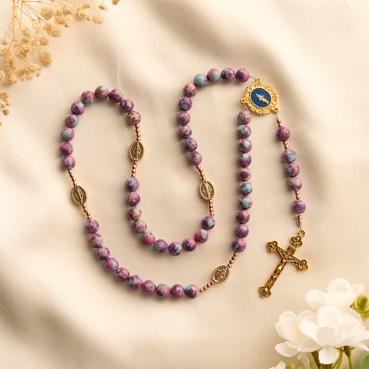 Christianartworkshop Purple Turquoise Mosaic Bead Rosary With Enamel Marian Medal: Emblem of Timeless Heavenly Mercy - image 4