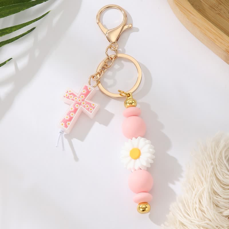 Christianartworkshop Daisy Silicone Bead Cross Keychain: Emblem of Gentle Heavenly Blessing - Pink - image 3